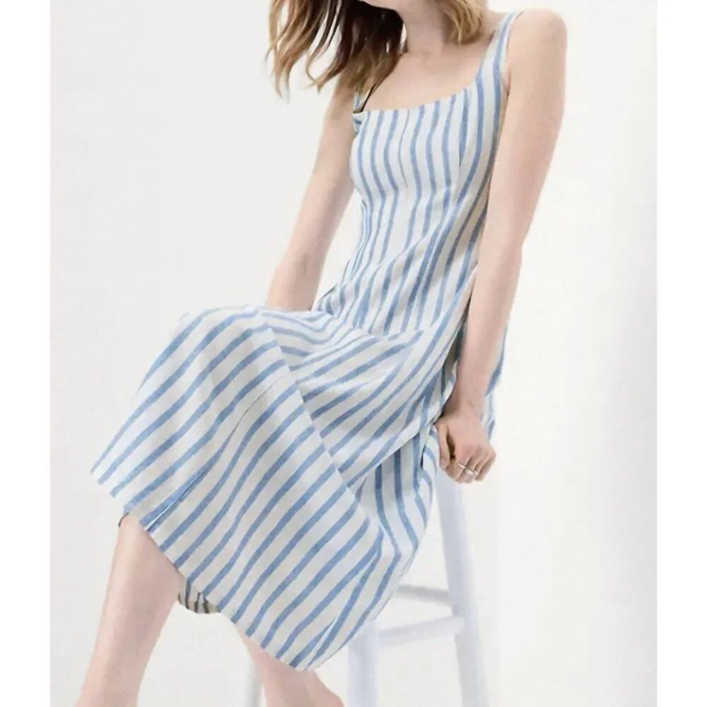 Old Navy Dress Women's Medium Blue White Stripe Fit Flare Midi Linen Coastal